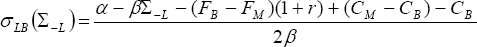 \sigma _{LB} \left( {\Sigma _{ - L} } \right) = \frac{{\alpha  - \beta \Sigma _{ - L}  - (F_B  - F_M )(1 + r) + (C_M  - C_B ) - C_B }}{{2\beta }}