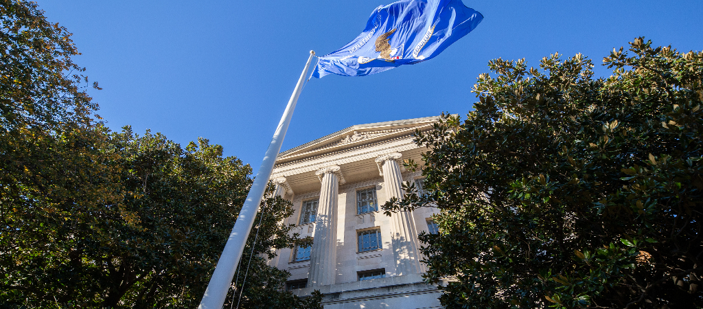 Department of Justice building and flag