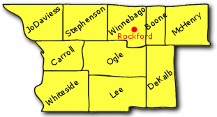 Un mapa de los condados de Illinois cubiertos por la oficina de Rockford. Los condados incluyen JoDaviess, Stephenson, Winnebago, Boone, McHenry, Carroll, Ogle, DeKalb, Whiteside and Lee