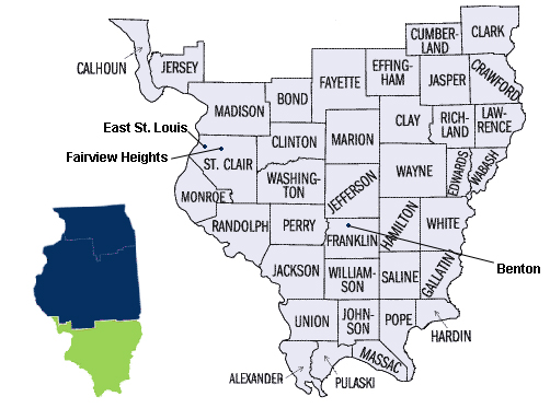Southern Illinois Counties: Alexander, Bond, Calhoun, Clark, Clay, Clinton, Crawford, Cumberland, Edwards, Effingham, Fayette, Franklin, Gallatin, Hamilton, Hardin, Jackson, Jasper, Jefferson, Jersey, Johnson, Lawrence, Madison, Marion, Massac, Monroe, Perry, Pope, Pulaski, Randolph, Richland, Saline, St. Clair, Union, Wabash, Washington, Wayne, White, and Williamson Southern Illinois Counties: Alexander, Bond, Calhoun, Clark, Clay, Clinton, Crawford, Cumberland, Edwards, Effingham, Fayette, Franklin, Gallatin, Hamilton, Hardin, Jackson, Jasper, Jefferson, Jersey, Johnson, Lawrence, Madison, Marion, Massac, Monroe, Perry, Pope, Pulaski, Randolph, Richland, Saline, St. Clair, Union, Wabash, Washington, Wayne, White, and Williamson